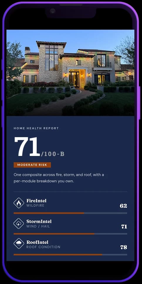 A phone showing a sample Home Health Report: a HealthIntel of 71 out of 100, grade B, with FireIntel, StormIntel and RoofIntel scores